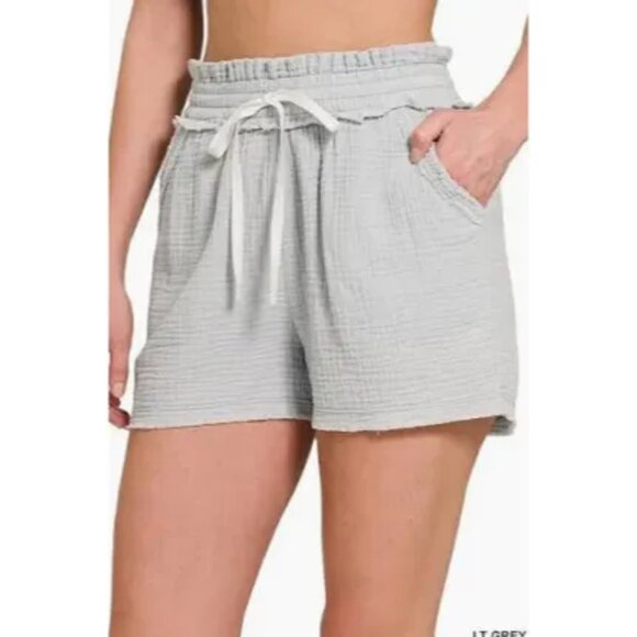 Zenana NEW Double Elastic band Drawstring Short size Large Grey Silver - Picture 1 of 4